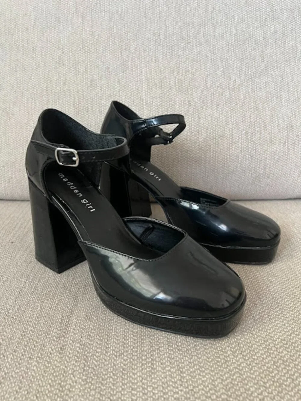 Madden Girl Black Patent Ankle Strap Platform Pumps Shoes Size 6.5 M